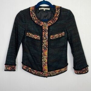 𝅺RACHEL Roy tweed fringe trim abstract print blazer